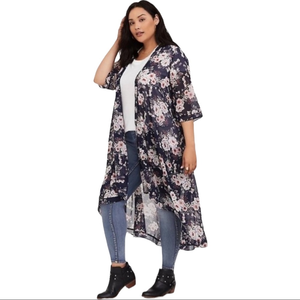 Pre-owned Torrid Floral Print Maxi Chiffon Kimono 3/4